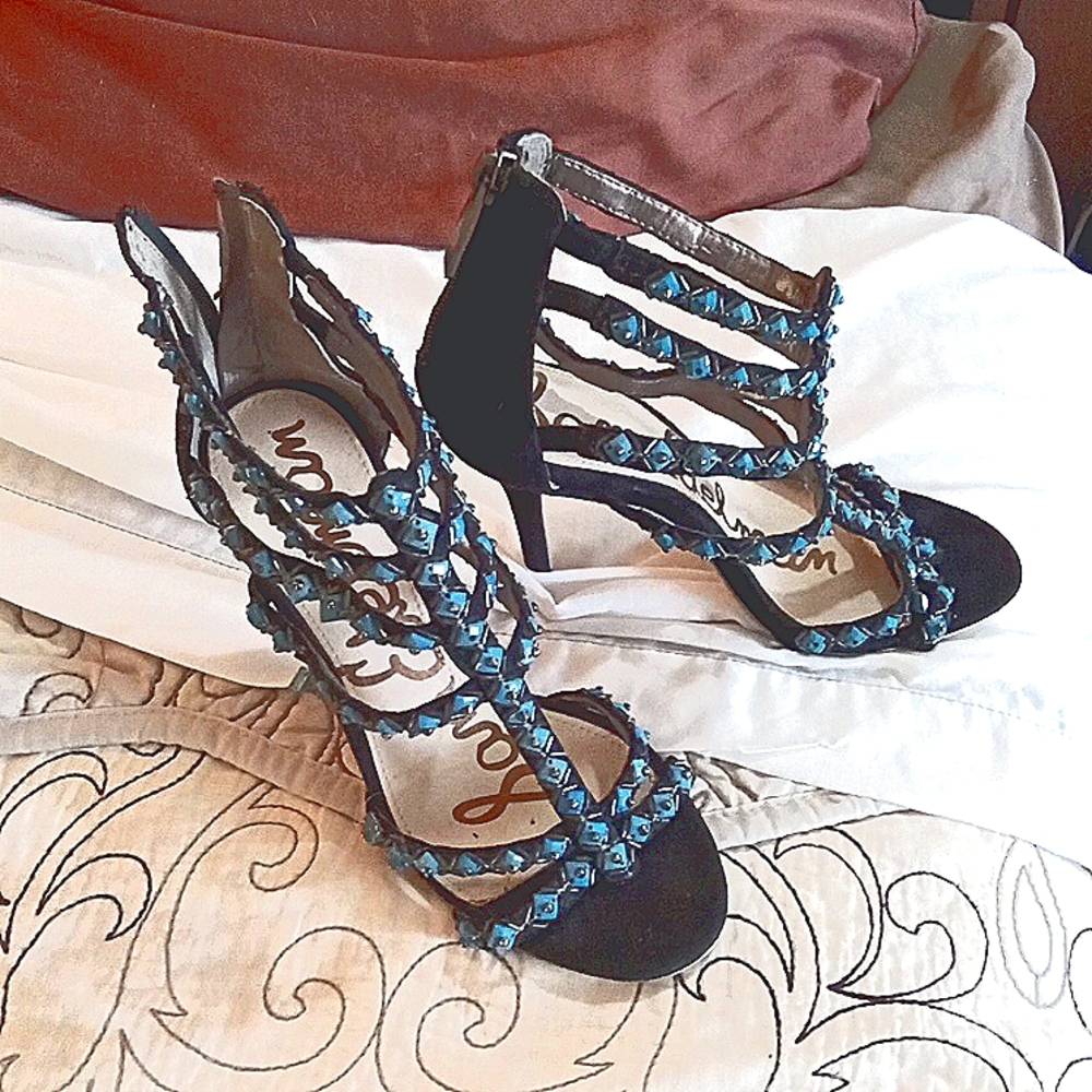 Sam Edelman Sz 8M Alina Black Turquoise Strappy Leather High Heels Zip Back NWOT